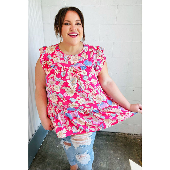 Fuchsia Floral Yoke Flutter Sleeve Back Neck Button Top