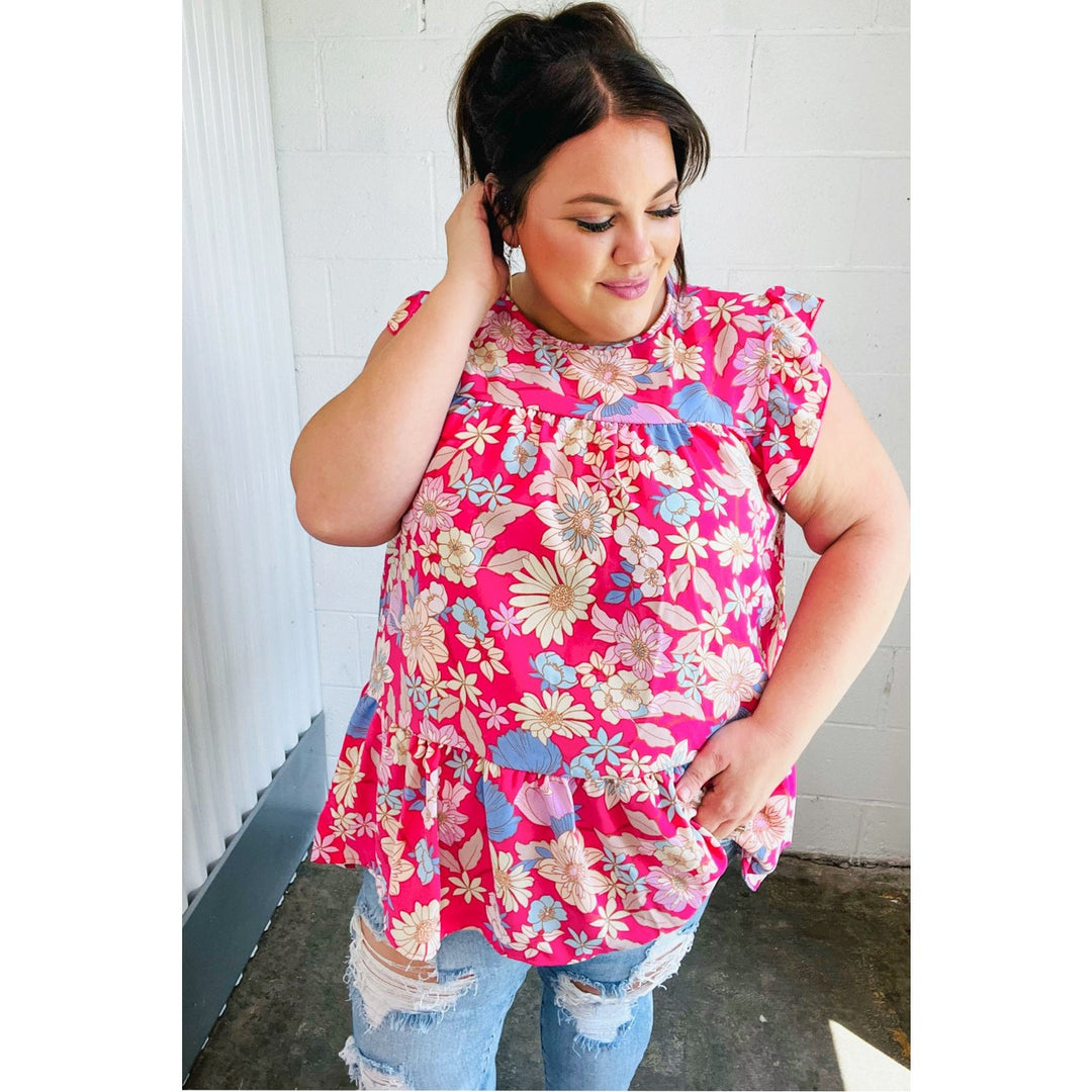 Fuchsia Floral Yoke Flutter Sleeve Back Neck Button Top