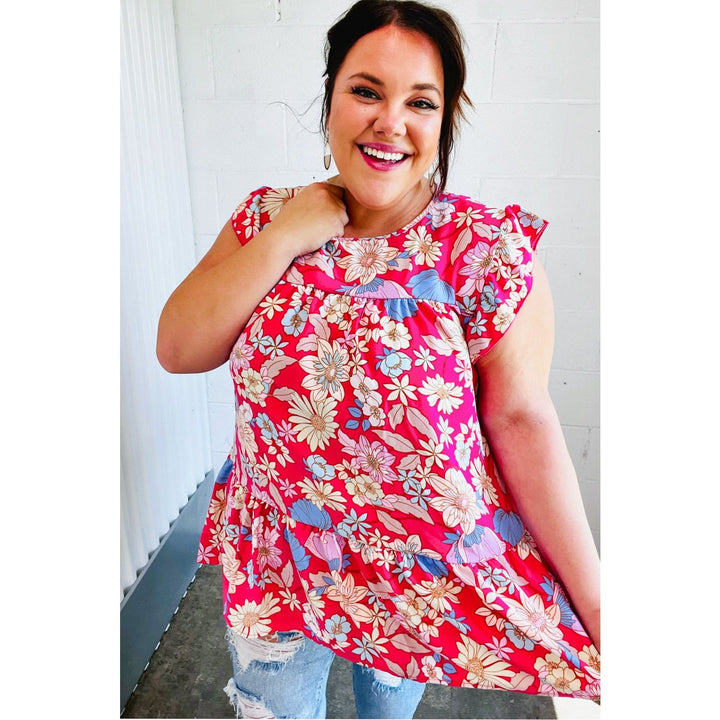 Fuchsia Floral Yoke Flutter Sleeve Back Neck Button Top