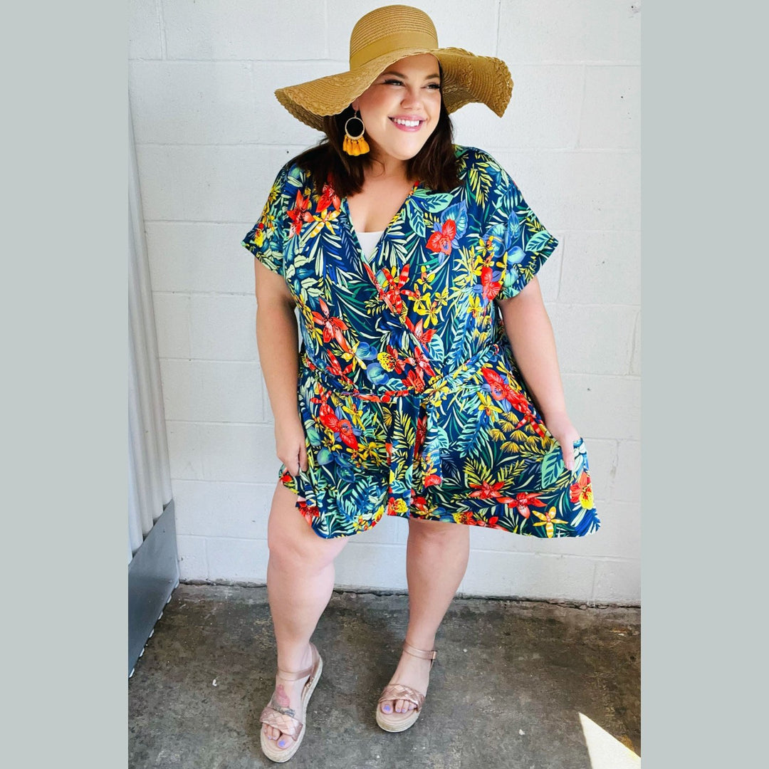 Navy Tropical Floral Surplice Romper