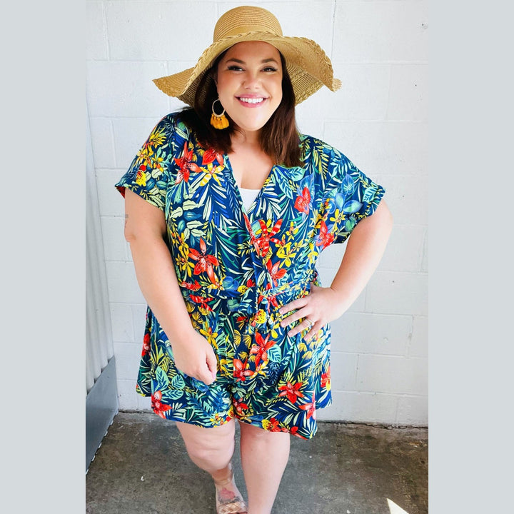 Navy Tropical Floral Surplice Romper