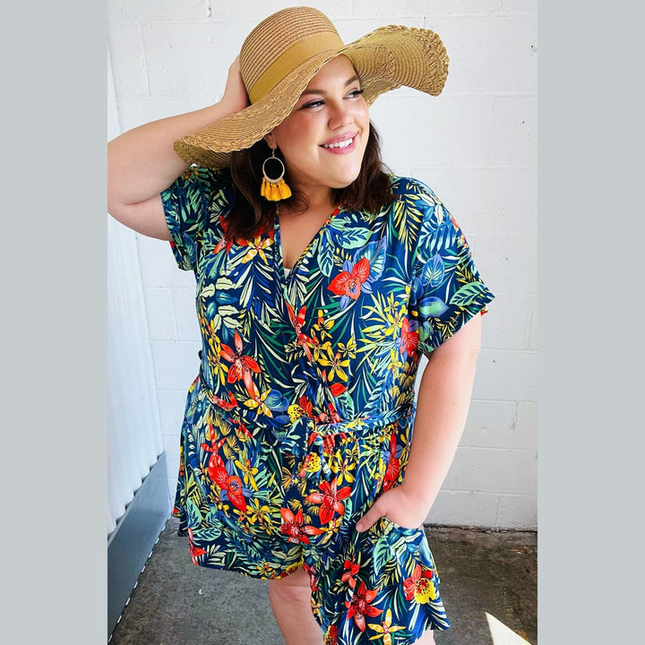 Navy Tropical Floral Surplice Romper