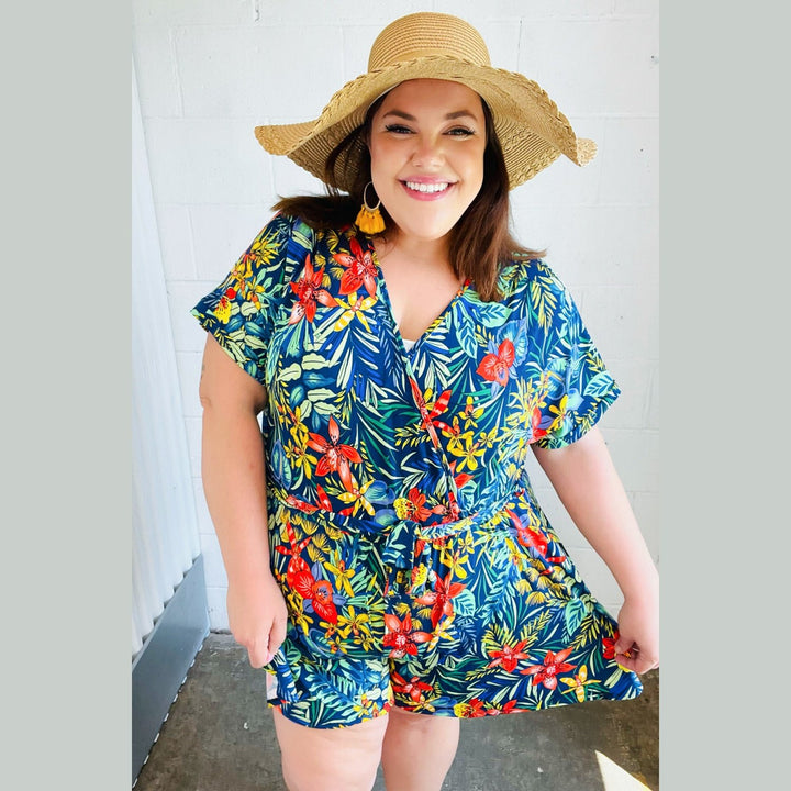 Navy Tropical Floral Surplice Romper