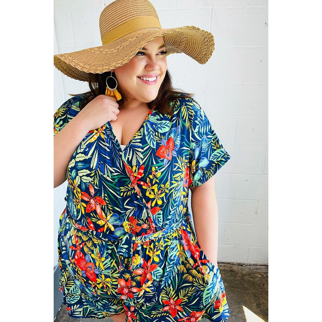 Navy Tropical Floral Surplice Romper