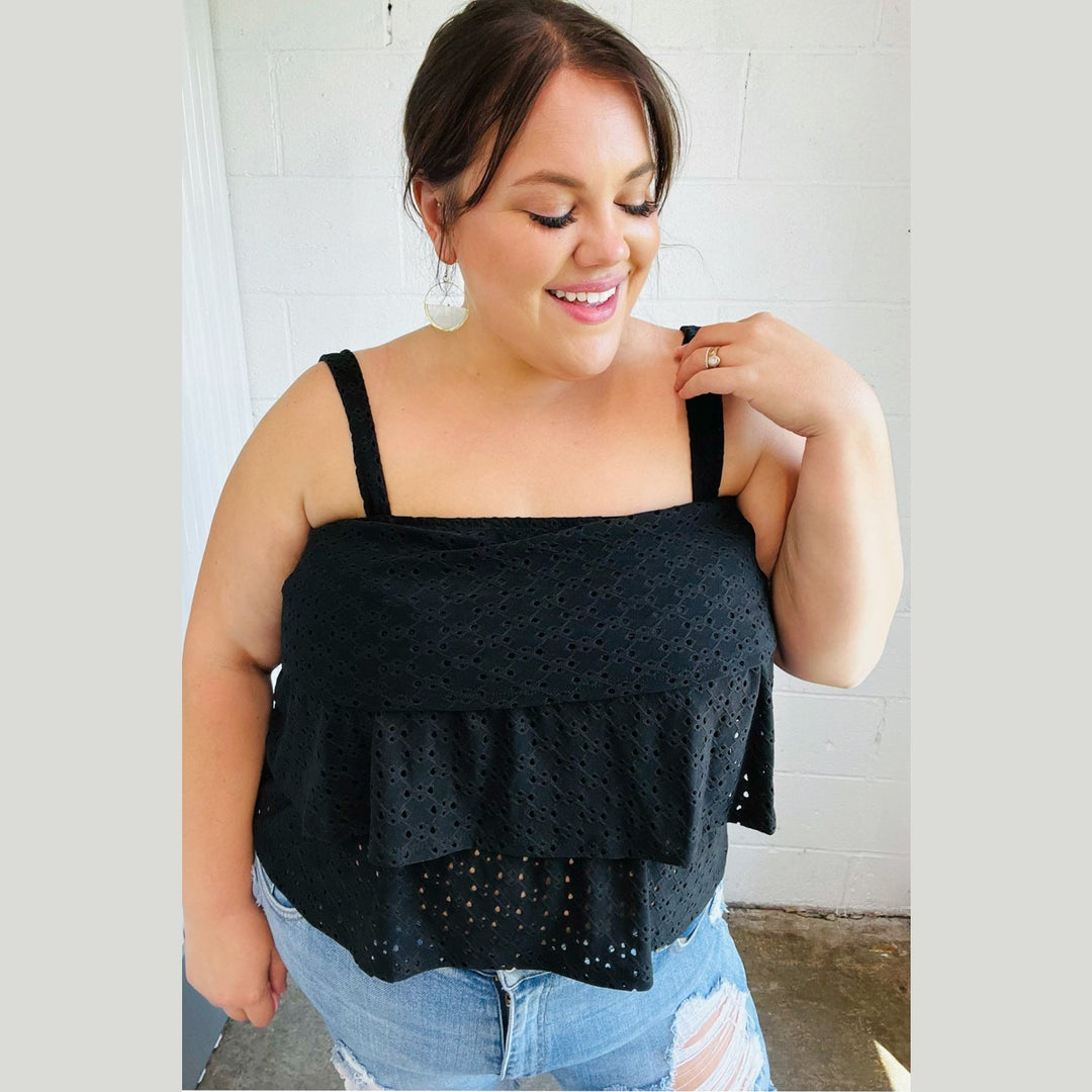 Black Eyelet Tiered Sleeveless Lined Top