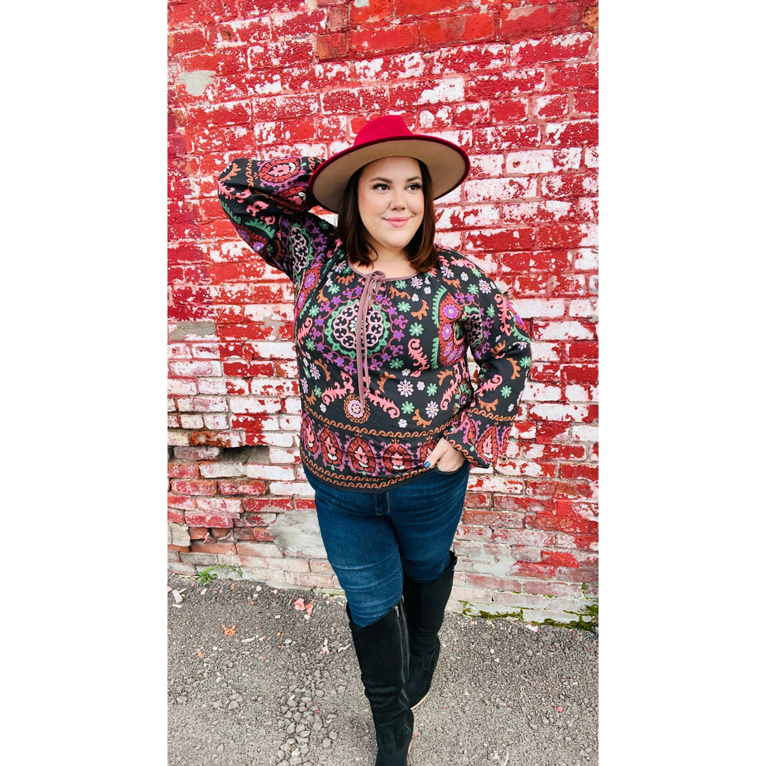 Take The Leap Black & Mauve Border Print Boho Tie Top