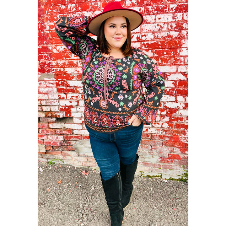 Take The Leap Black & Mauve Border Print Boho Tie Top