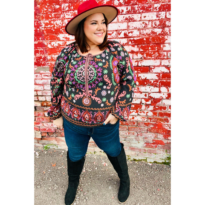 Take The Leap Black & Mauve Border Print Boho Tie Top