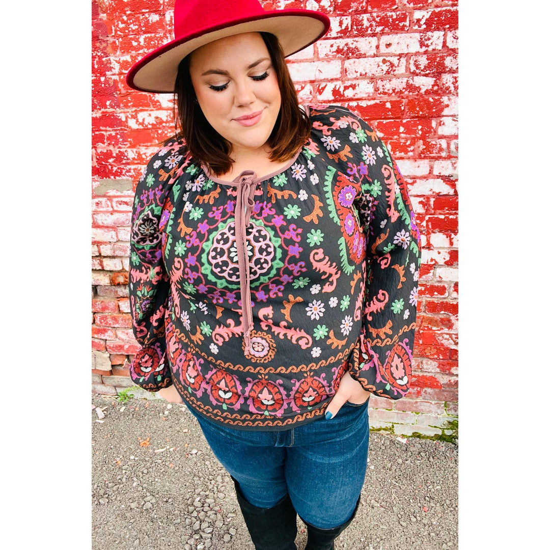 Take The Leap Black & Mauve Border Print Boho Tie Top