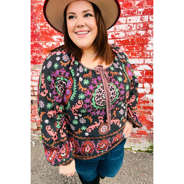 Take The Leap Black & Mauve Border Print Boho Tie Top