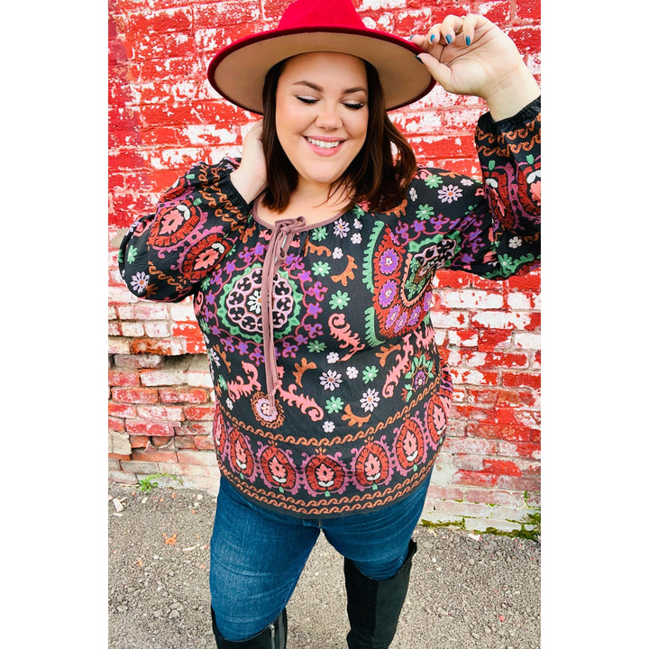 Take The Leap Black & Mauve Border Print Boho Tie Top