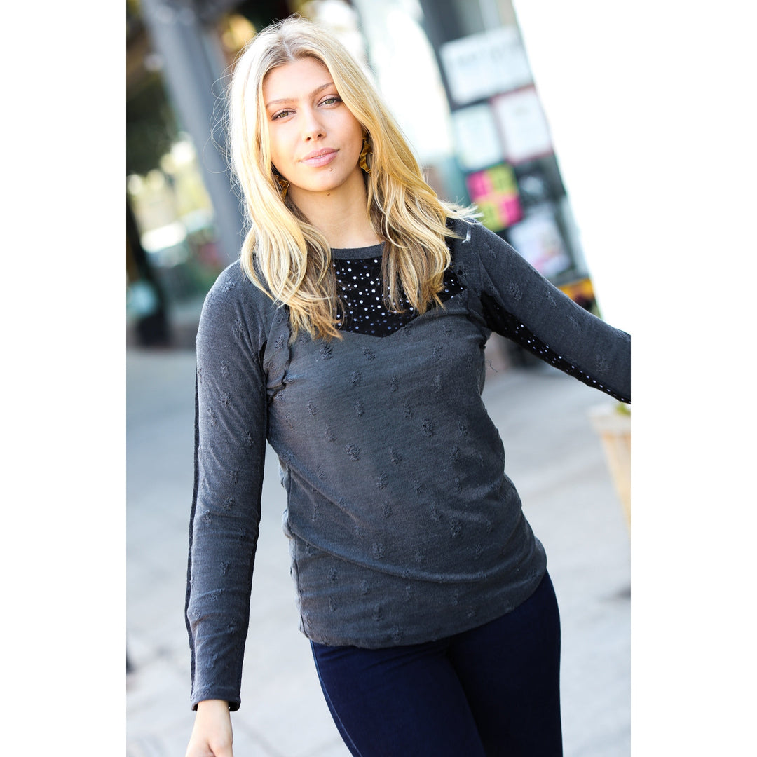 Charcoal Distressed Eyelet Outseam Stitch Top