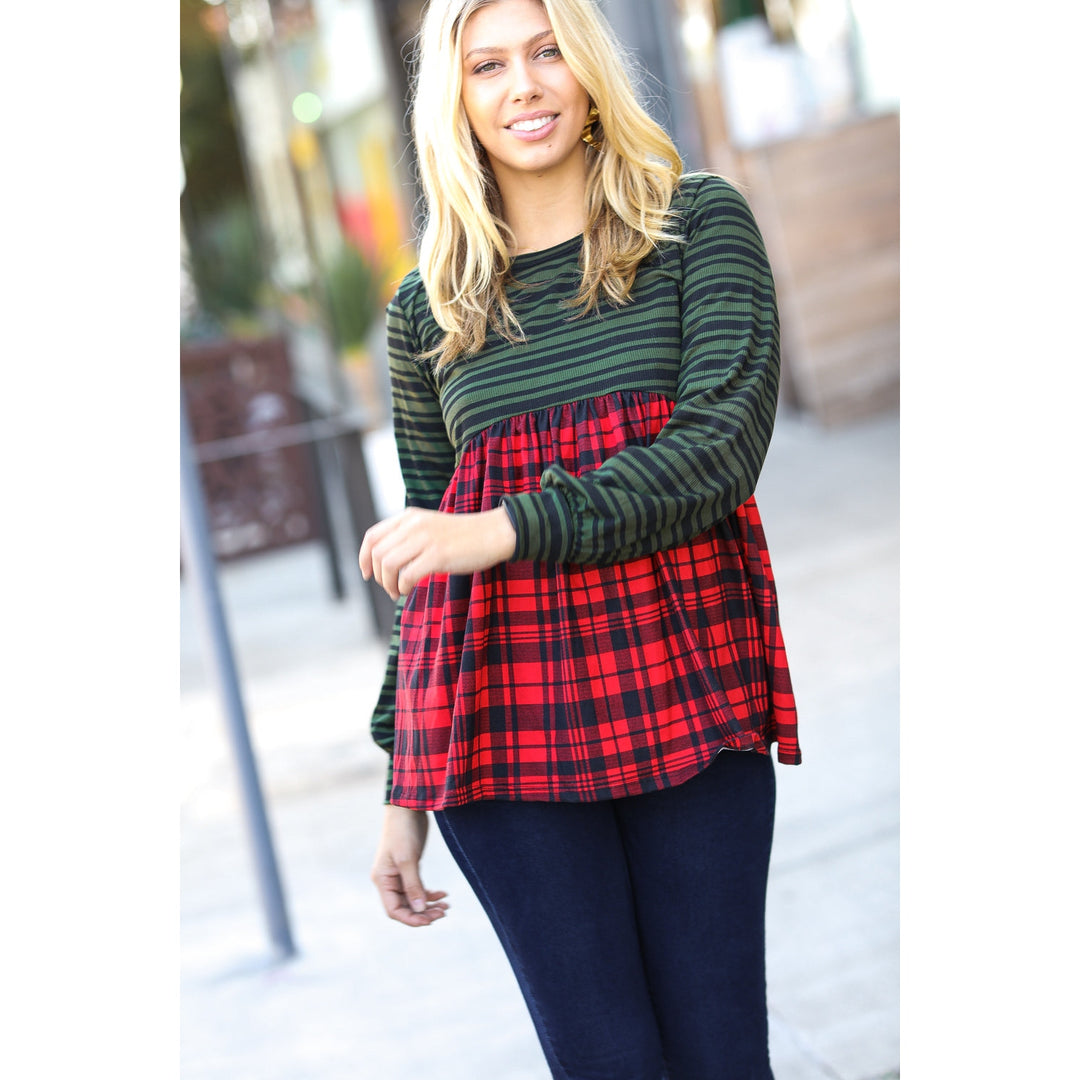 Holiday Plaid Babydoll Color Block Swing Top