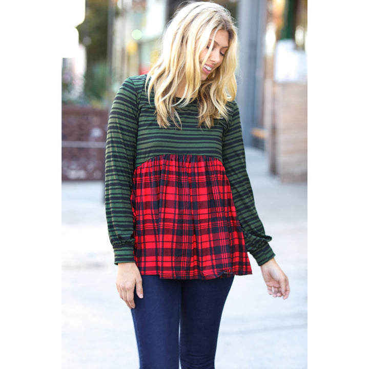 Holiday Plaid Babydoll Color Block Swing Top