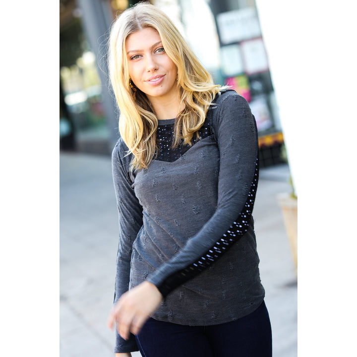 Charcoal Distressed Eyelet Outseam Stitch Top