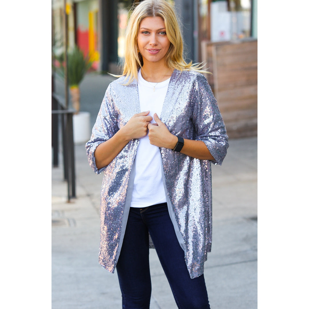 Holiday Silver Iridescent Sequin Open Lined Cardigan