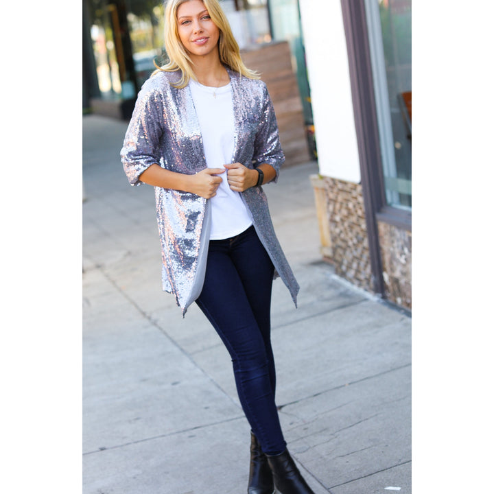 Holiday Silver Iridescent Sequin Open Lined Cardigan