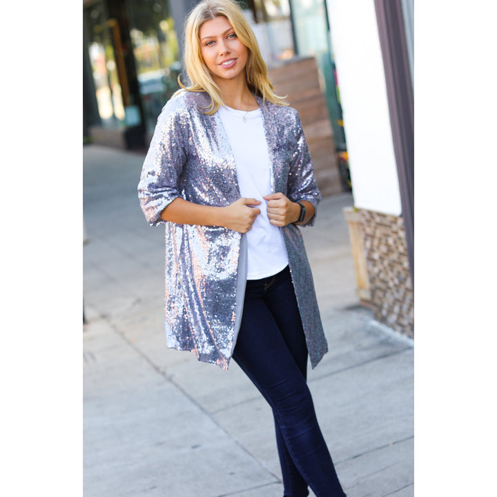 Holiday Silver Iridescent Sequin Open Lined Cardigan