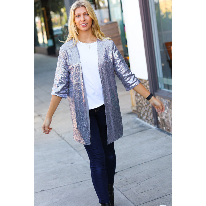 Holiday Silver Iridescent Sequin Open Lined Cardigan