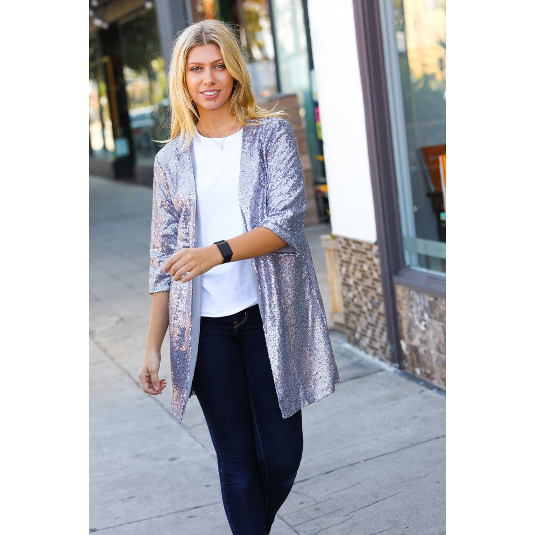 Holiday Silver Iridescent Sequin Open Lined Cardigan