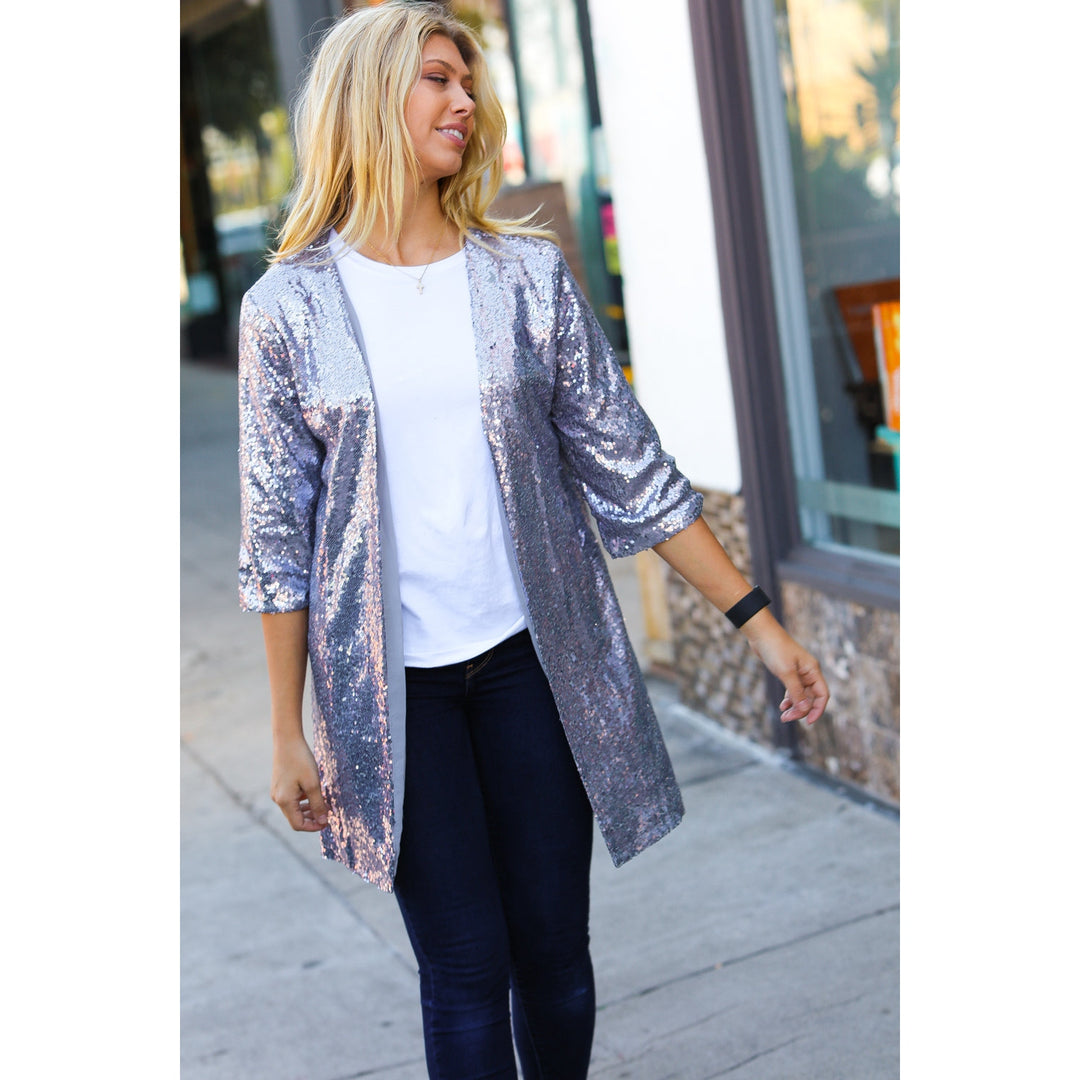 Holiday Silver Iridescent Sequin Open Lined Cardigan