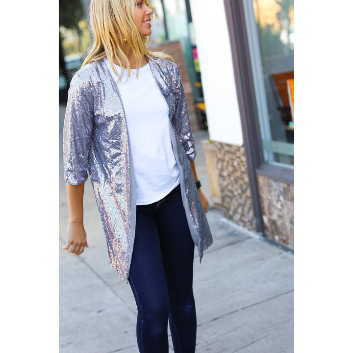 Holiday Silver Iridescent Sequin Open Lined Cardigan