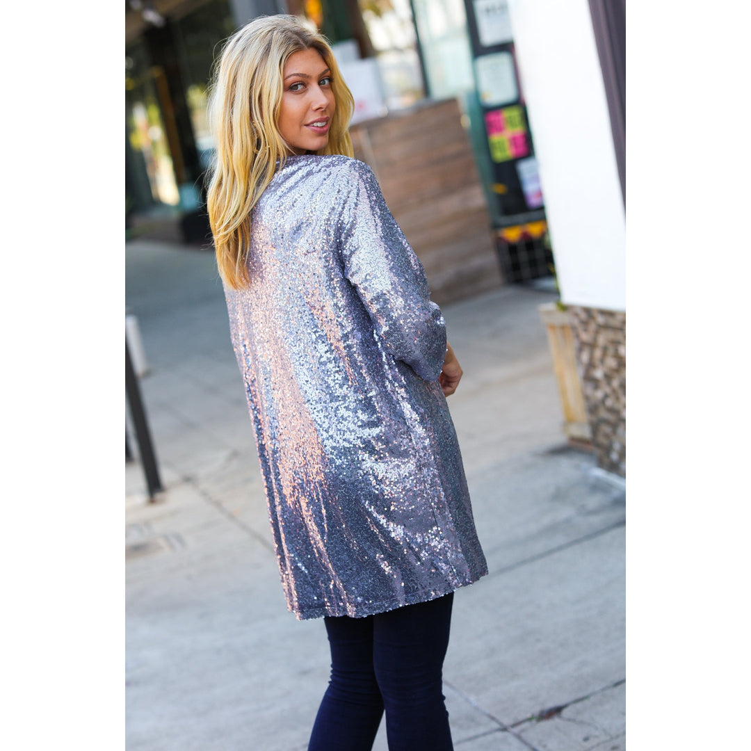 Holiday Silver Iridescent Sequin Open Lined Cardigan