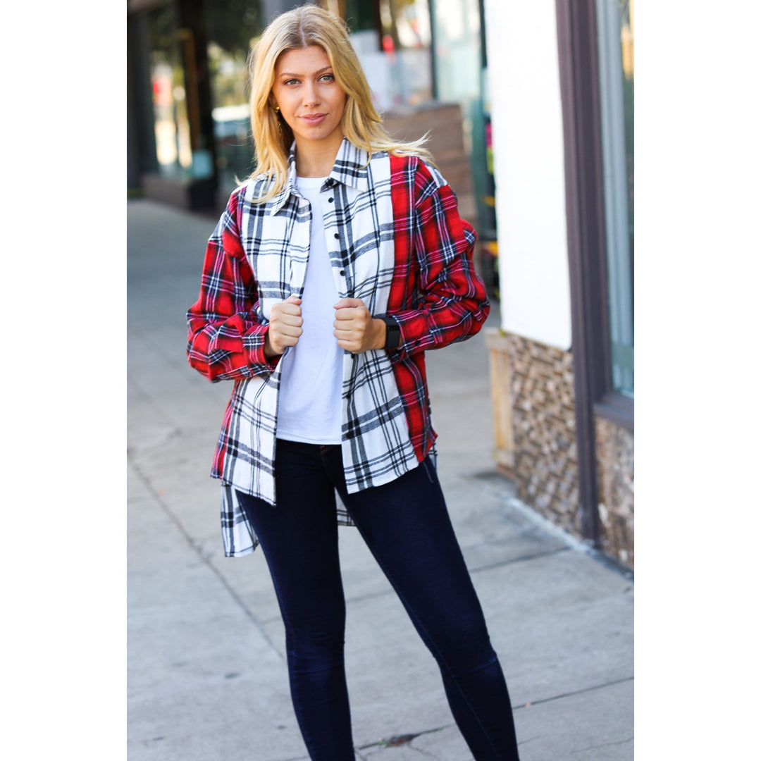 Holiday Red & White Plaid Color Block Hi Lo Shacket