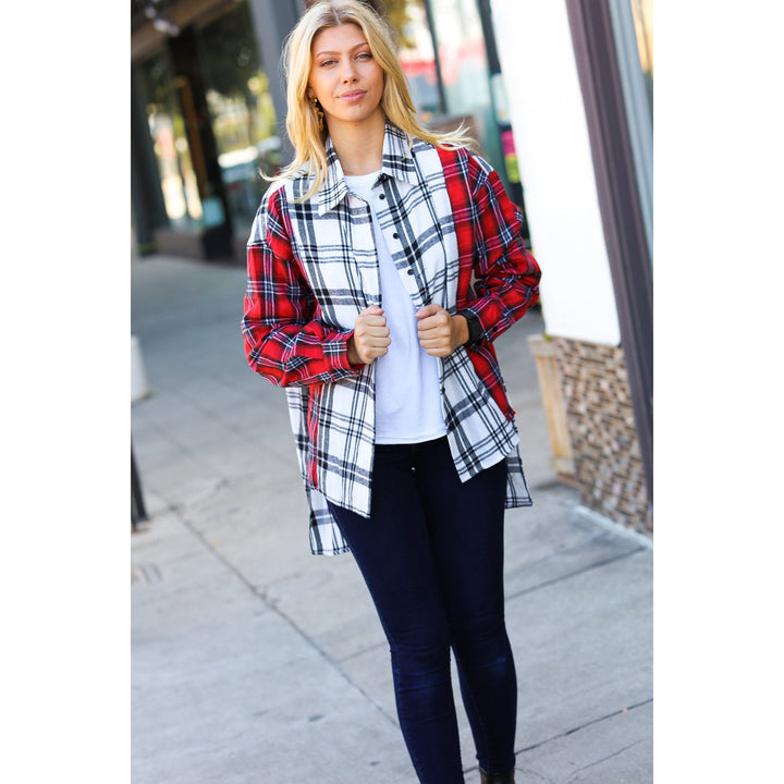 Holiday Red & White Plaid Color Block Hi Lo Shacket