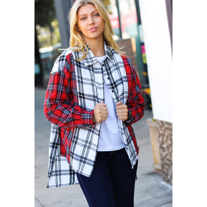 Holiday Red & White Plaid Color Block Hi Lo Shacket