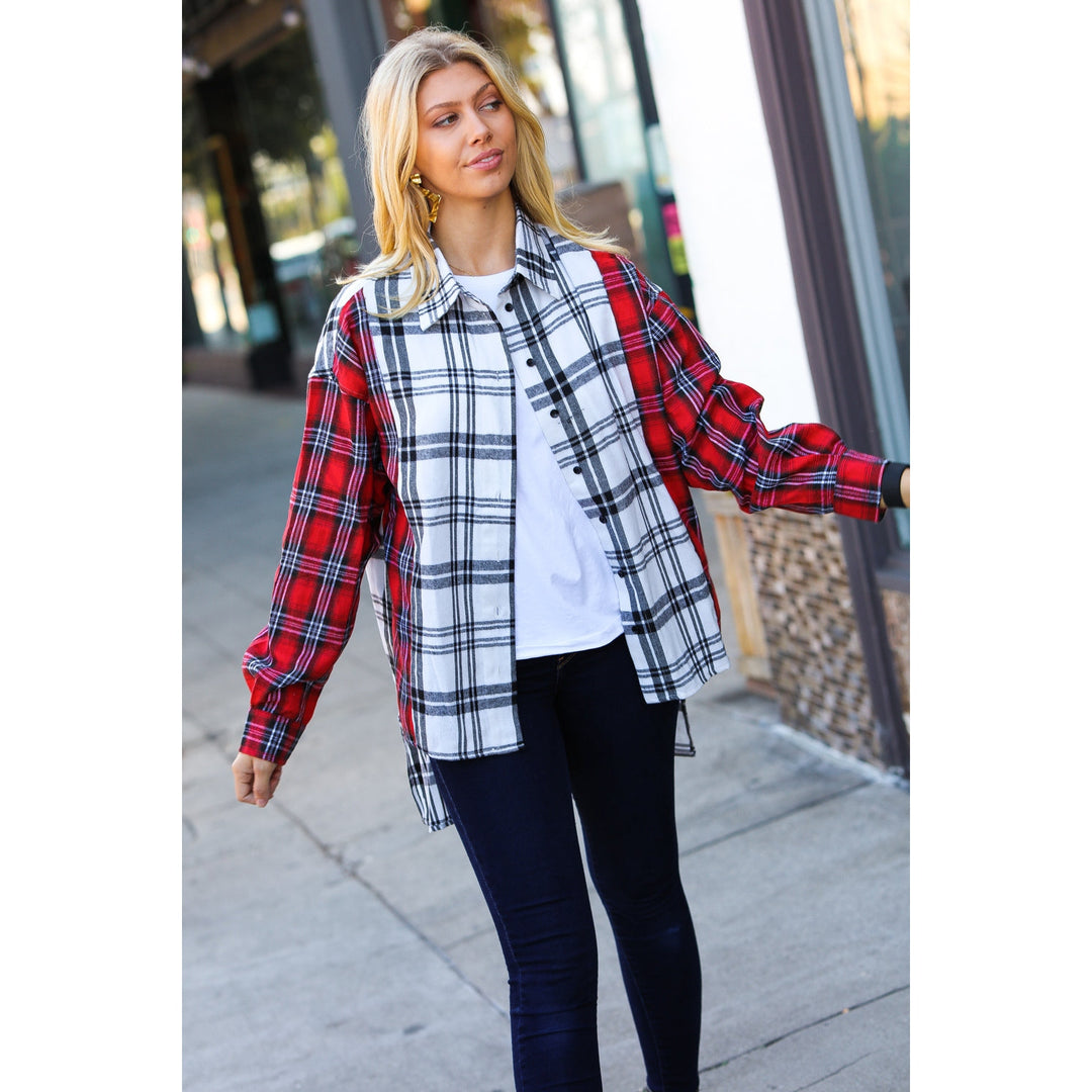 Holiday Red & White Plaid Color Block Hi Lo Shacket