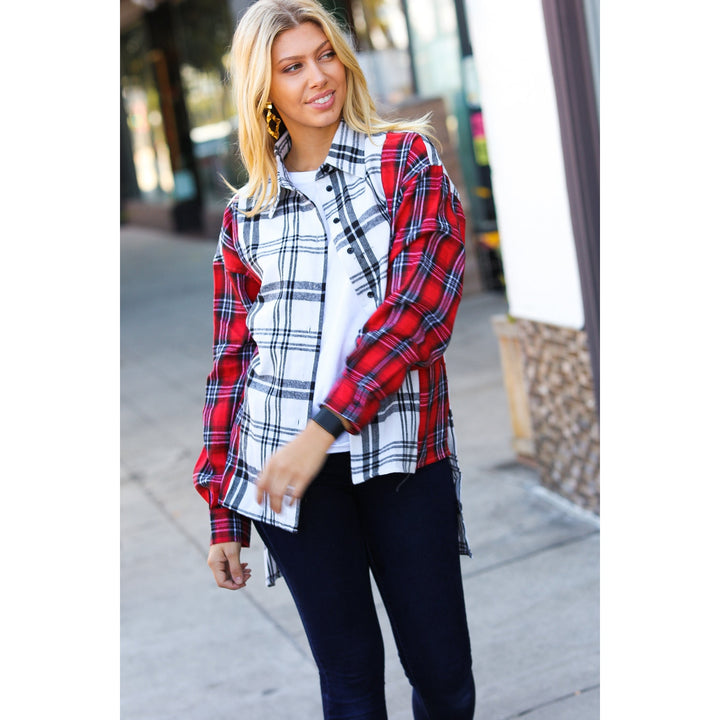 Holiday Red & White Plaid Color Block Hi Lo Shacket