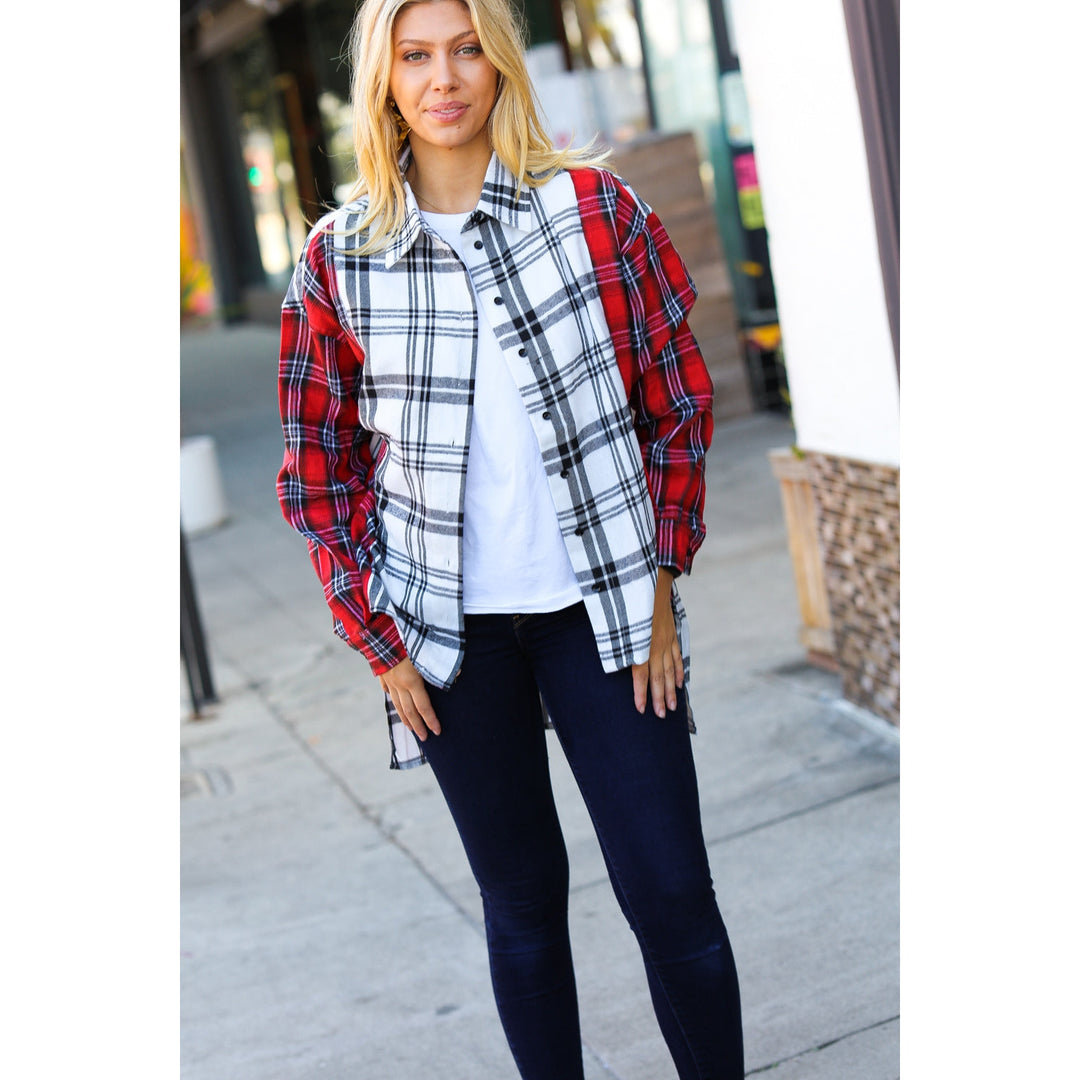 Holiday Red & White Plaid Color Block Hi Lo Shacket