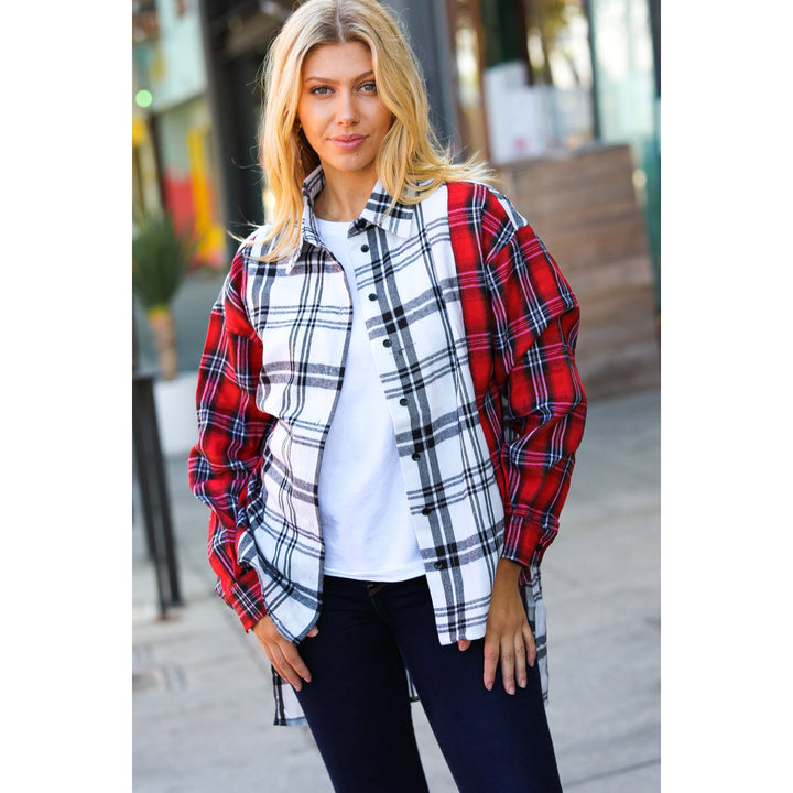 Holiday Red & White Plaid Color Block Hi Lo Shacket