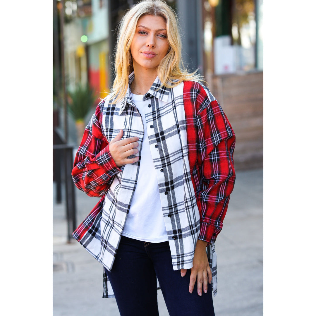 Holiday Red & White Plaid Color Block Hi Lo Shacket