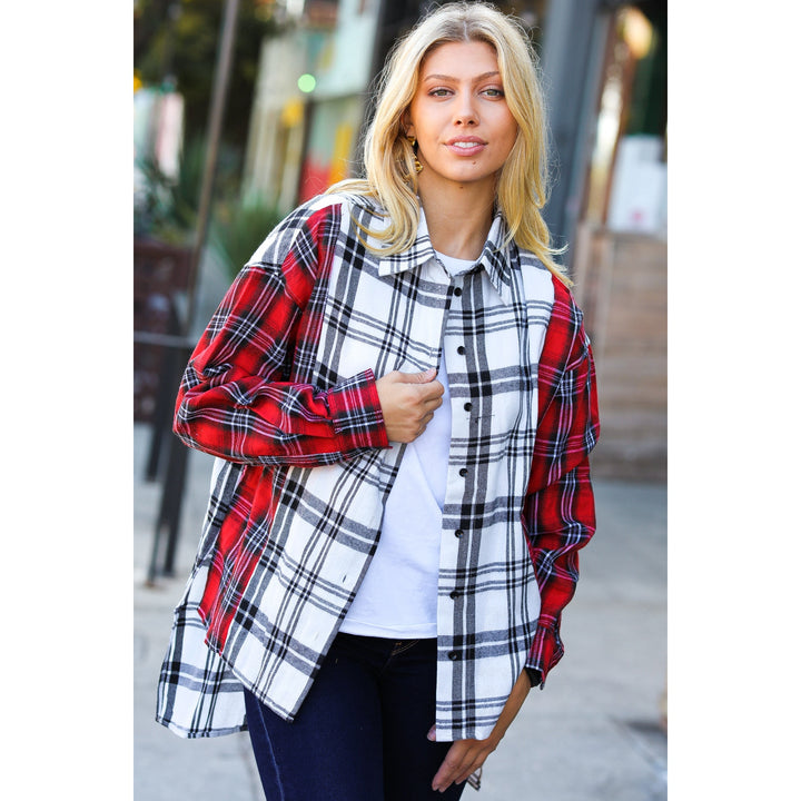 Holiday Red & White Plaid Color Block Hi Lo Shacket