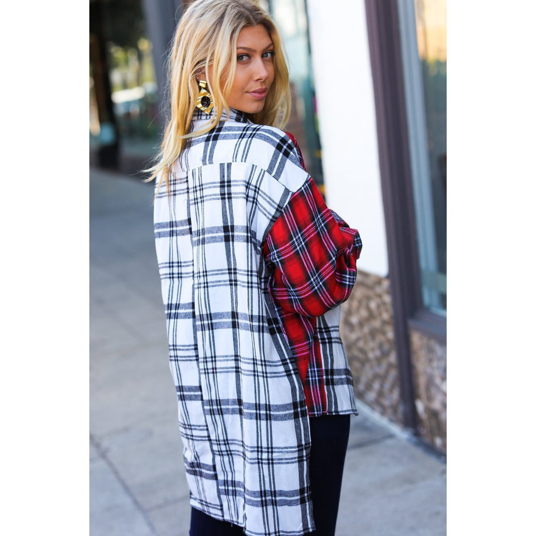 Holiday Red & White Plaid Color Block Hi Lo Shacket