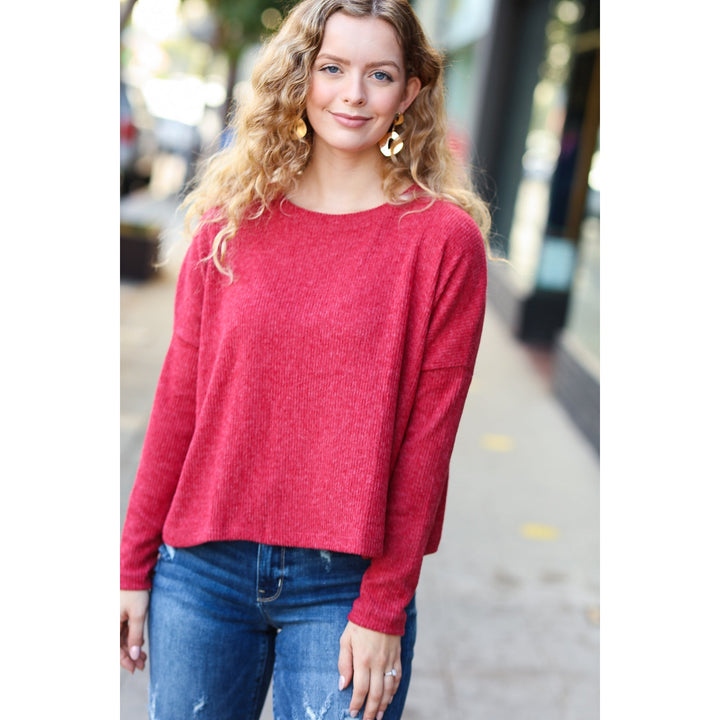 Stay Awhile Red Ribbed Dolman Cropped Sweater