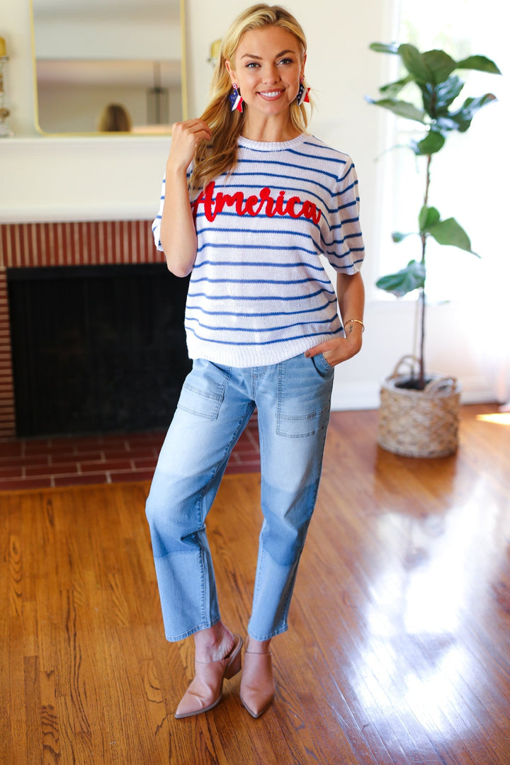 America Proud Blue Striped Embroidered Puff Sleeve Top - SharpDuds