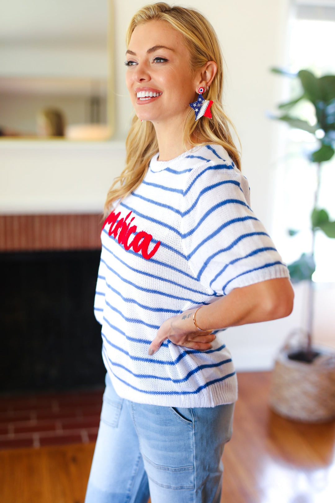 America Proud Blue Striped Embroidered Puff Sleeve Top - SharpDuds