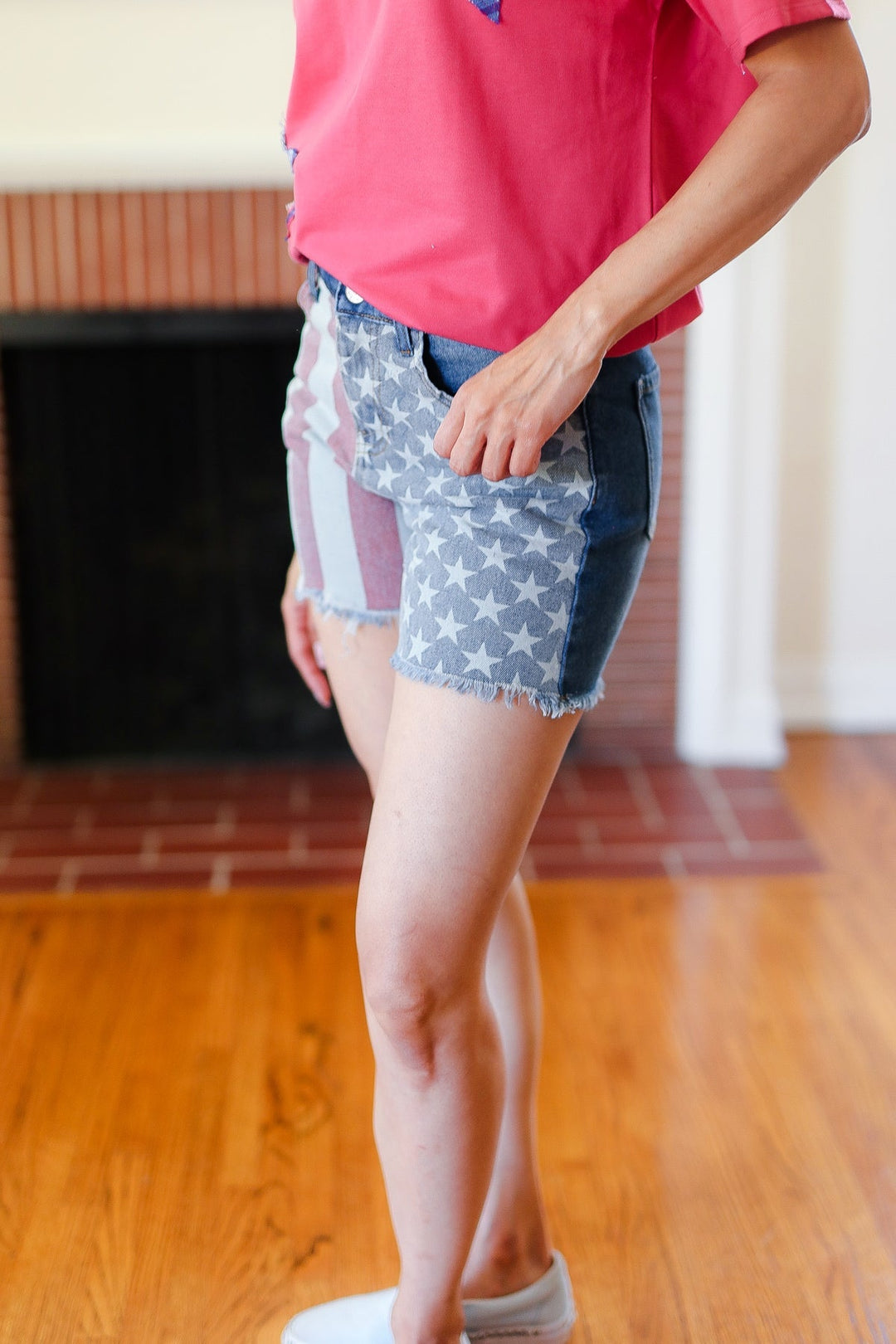 American Flag High Rise Frayed Hem Denim Shorts - SharpDuds