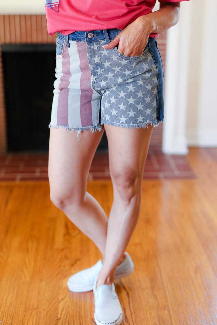 American Flag High Rise Frayed Hem Denim Shorts - SharpDuds