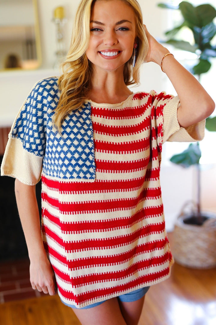 American Flag Jacquard Knit Sweater Top - SharpDuds