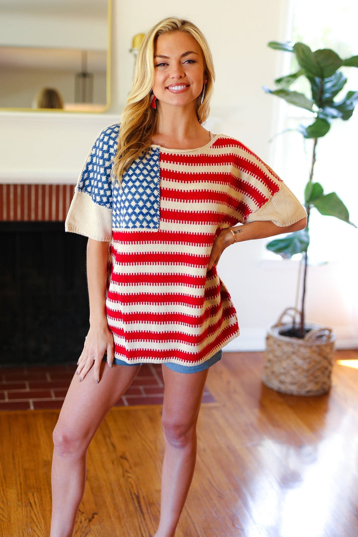 American Flag Jacquard Knit Sweater Top - SharpDuds