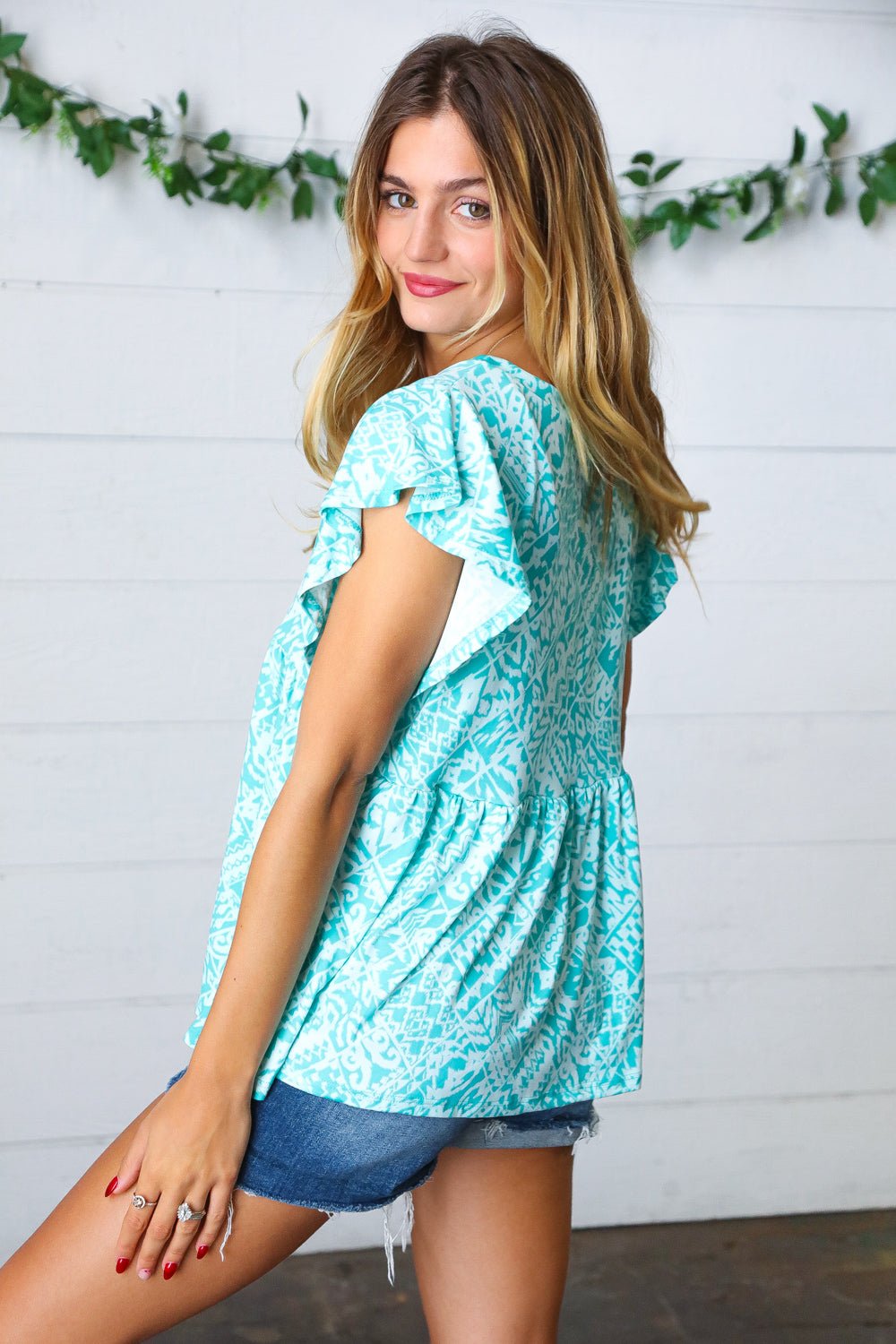 Aqua Boho Print Ruffle Short Sleeve Babydoll Top - SharpDuds