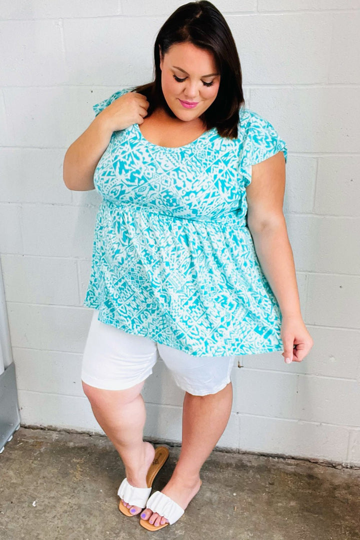 Aqua Boho Print Ruffle Short Sleeve Babydoll Top - SharpDuds