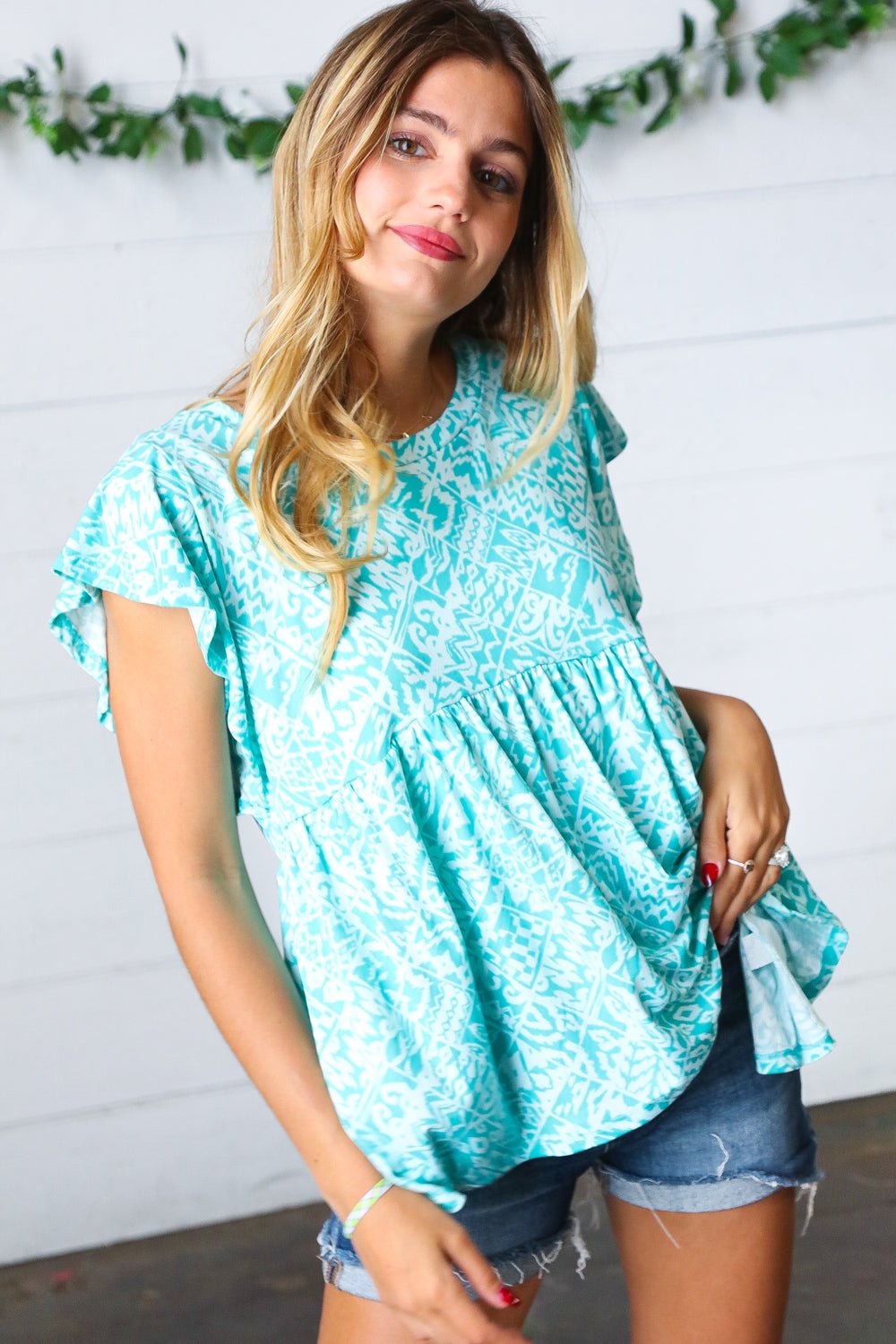 Aqua Boho Print Ruffle Short Sleeve Babydoll Top - SharpDuds