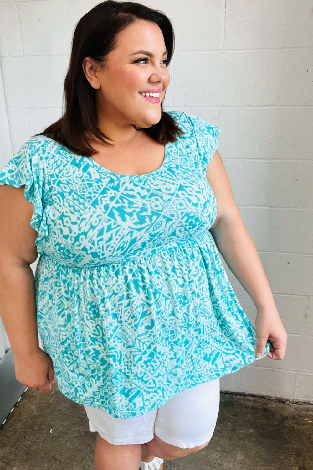 Aqua Boho Print Ruffle Short Sleeve Babydoll Top - SharpDuds