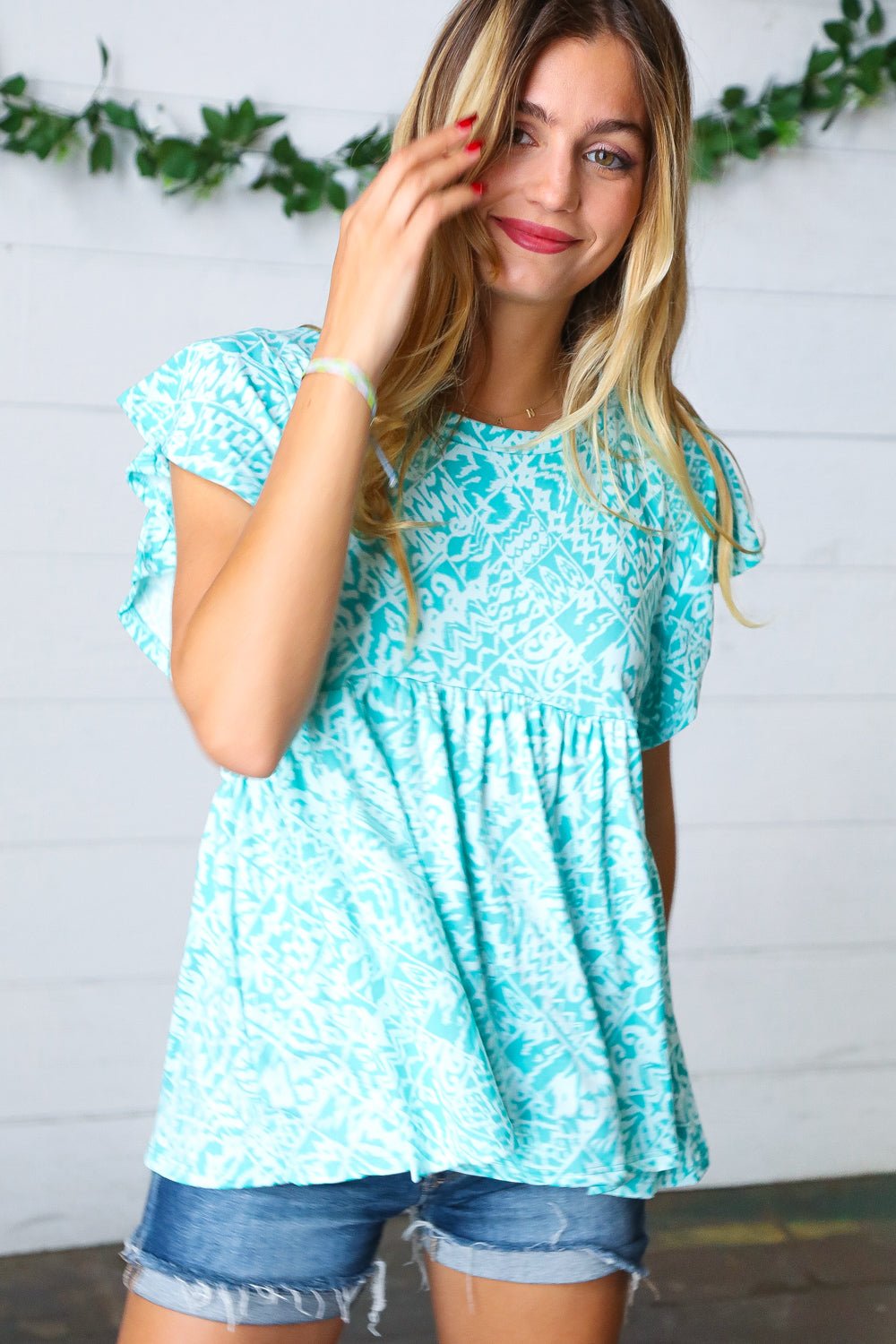 Aqua Boho Print Ruffle Short Sleeve Babydoll Top - SharpDuds