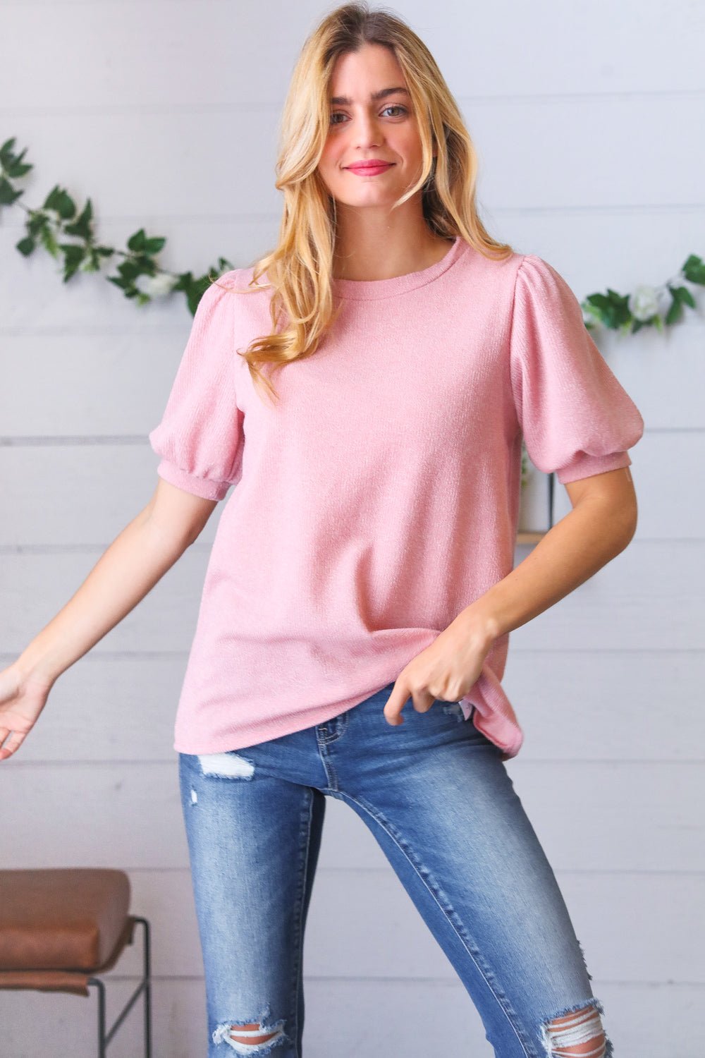 Baby Pink Puff Sleeve Two Tone Sweater Top - SharpDuds